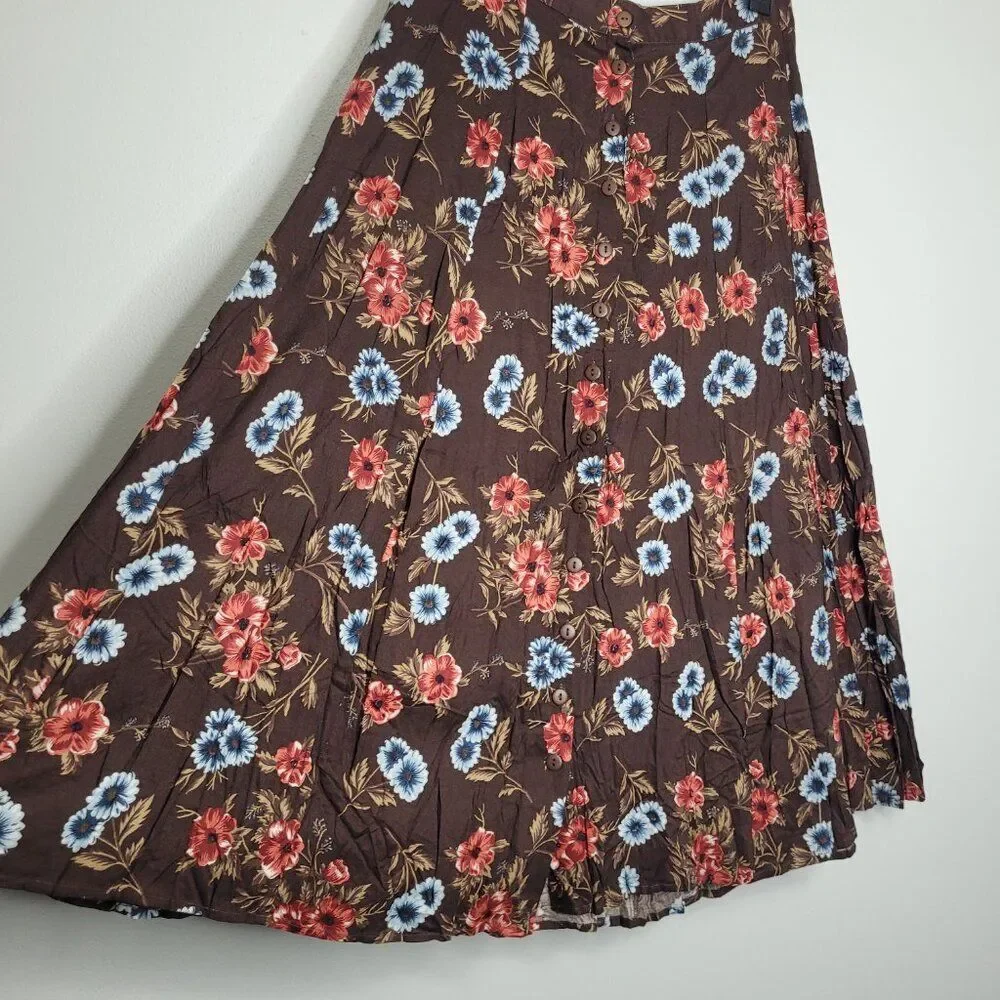Vintage y2k Honor brown blue button front floral a line full maxi midi skirt 22w